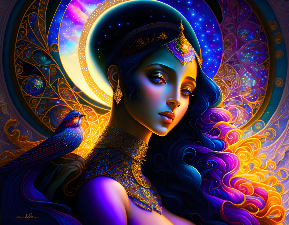 Colorful digital artwork: Blue-skinned woman with gold jewelry, psychedelic patterns, and bird.