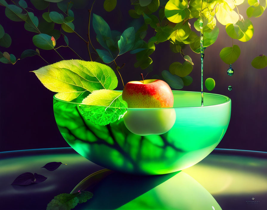 Digital artwork of green bowl with apple, leaves, water droplet, and tree shadows