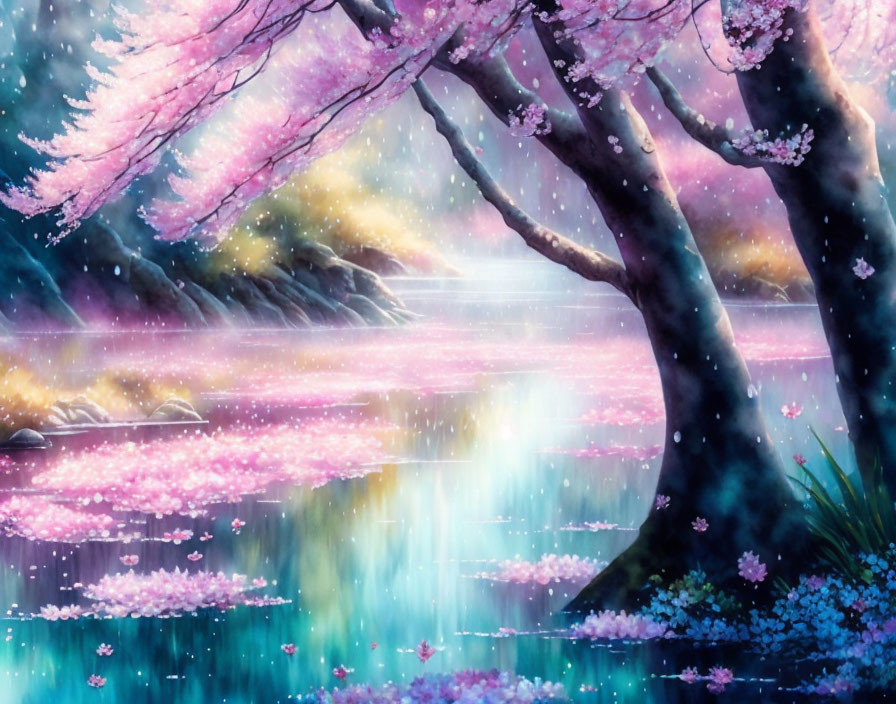 Tranquil river with cherry blossom trees and soft light reflections