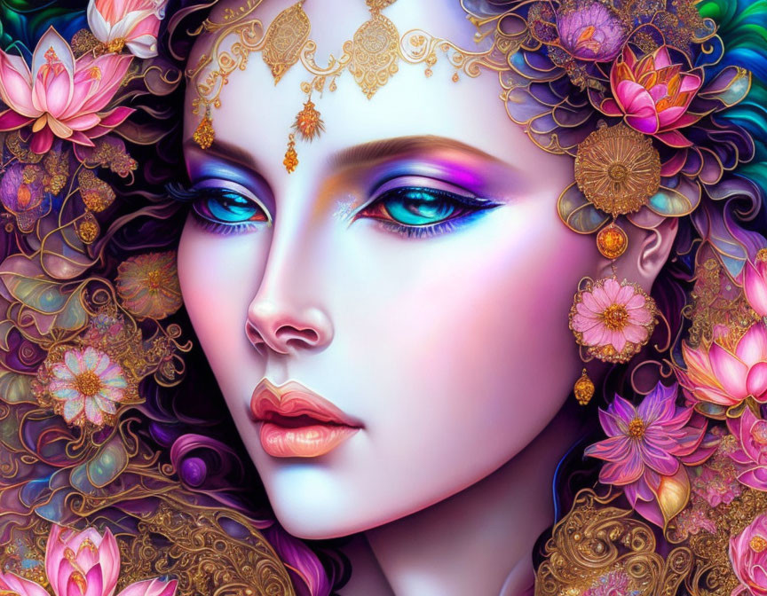 Vibrant digital artwork: Woman with blue eyes and floral patterns