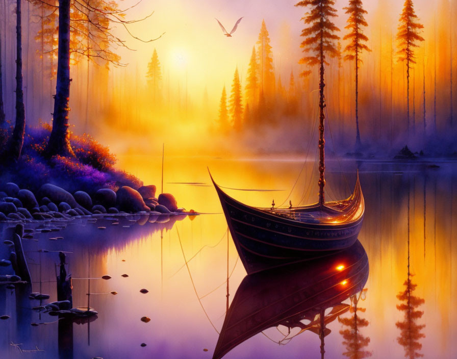 Tranquil lake scene with boat, purple flowers, misty trees, and bird in sky