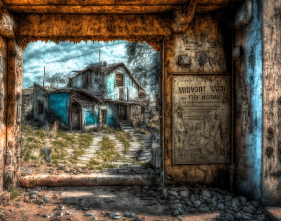 Surreal HDR image of abandoned building through stone archway