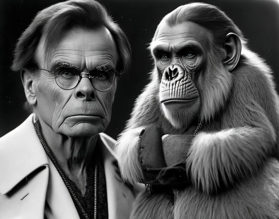 Monochrome surreal image of a man and gorilla in suits posing seriously