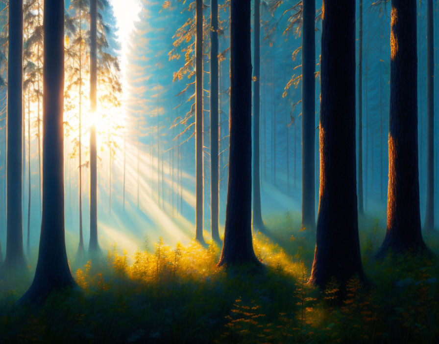 Misty forest with sunbeams casting long shadows