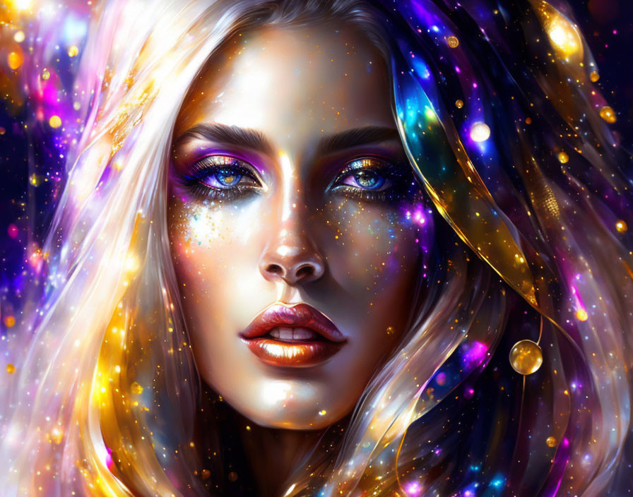 Vibrant cosmic makeup on woman in digital portrait