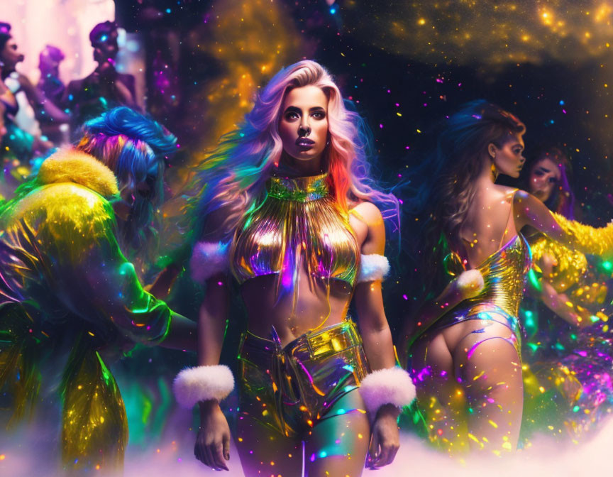 Colorful festival scene with woman in vibrant attire and glittery haze.