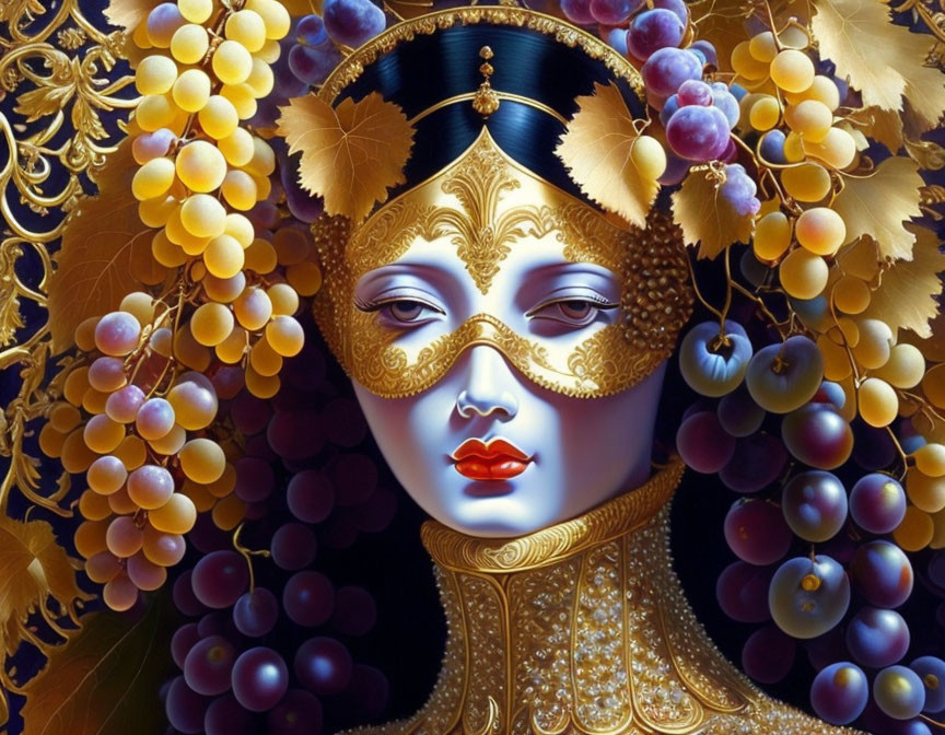 Masked female figure with golden adornments and grape clusters.