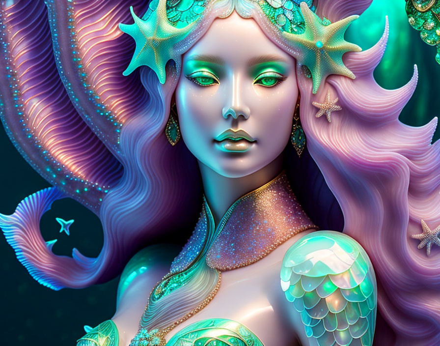 Fantasy mermaid with pink-purple hair, green skin, starfish adornments, and shimmering