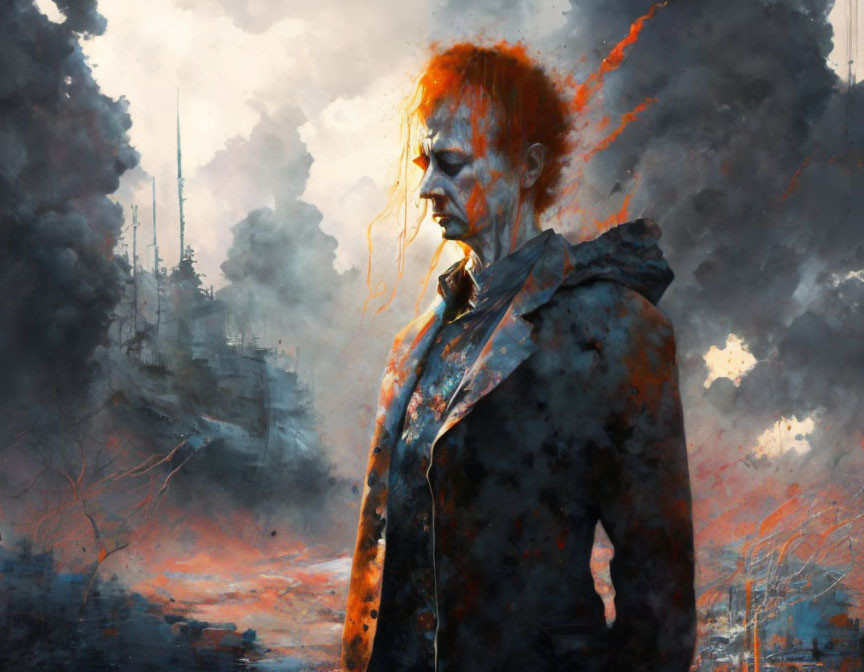 Digital painting: Person with orange hair and jacket in dystopian setting