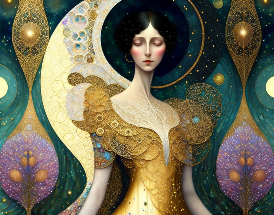 Stylized illustration of woman with pale skin, dark hair, and red lips against celestial background