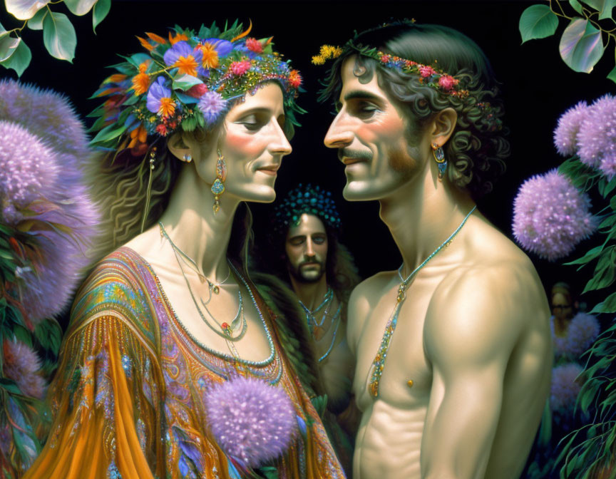 Vibrant painting of man and woman with flowers, exchanging gaze, amidst vibrant flora