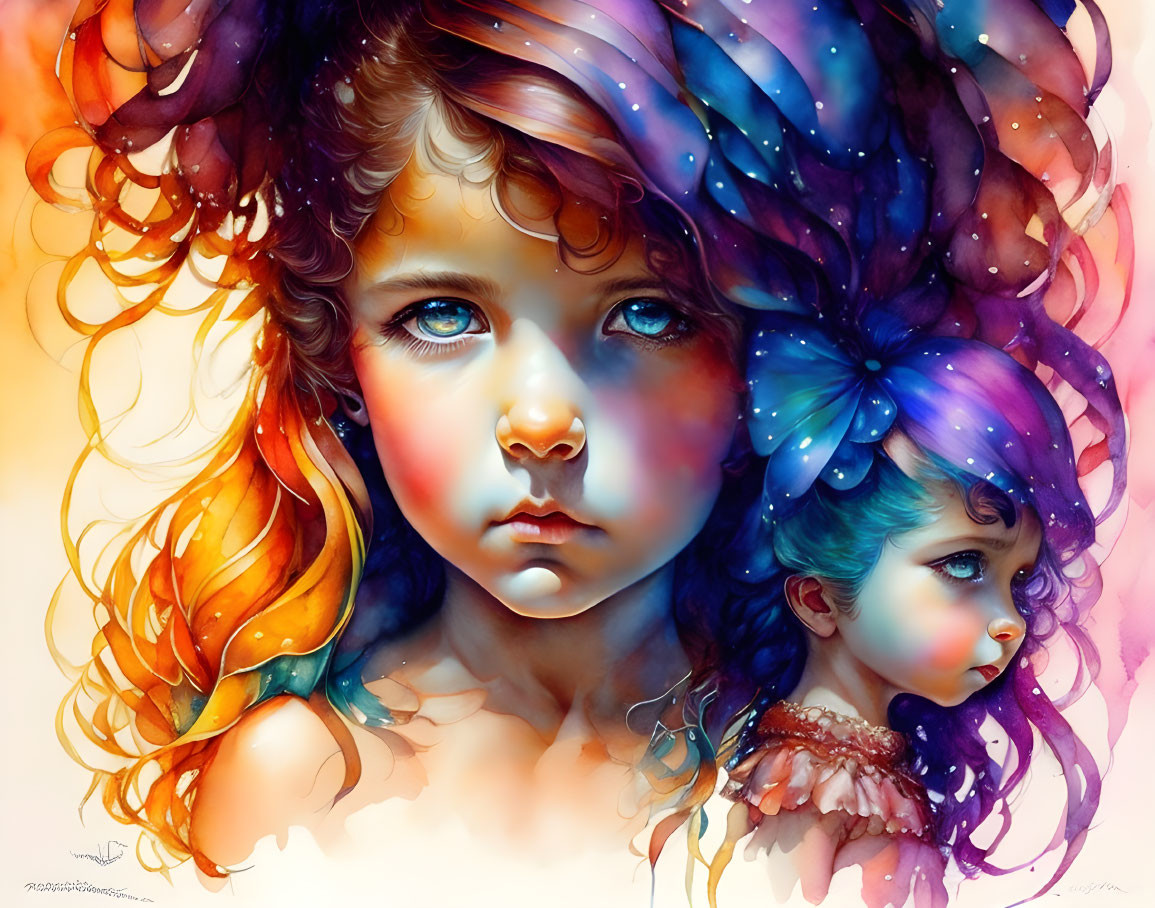 Colorful digital painting of young girl with blue eyes and flowing hair.