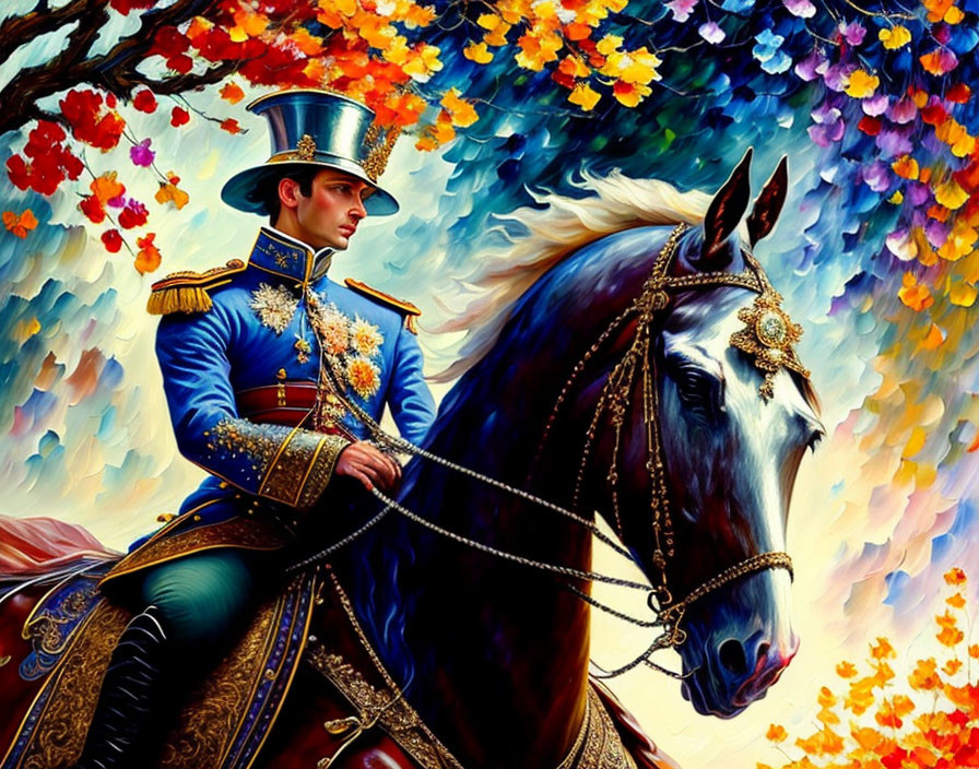 Man in blue uniform riding black horse under colorful tree canopy.