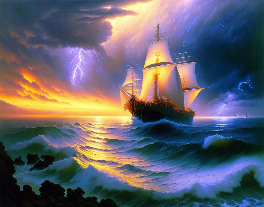 Majestic sailing ship in tumultuous seas under dramatic sunset sky