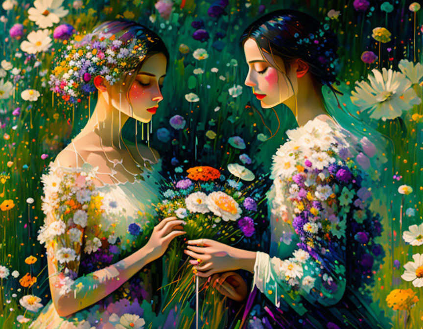 Colorful floral arrangements on two women against vibrant backdrop symbolize harmony with nature