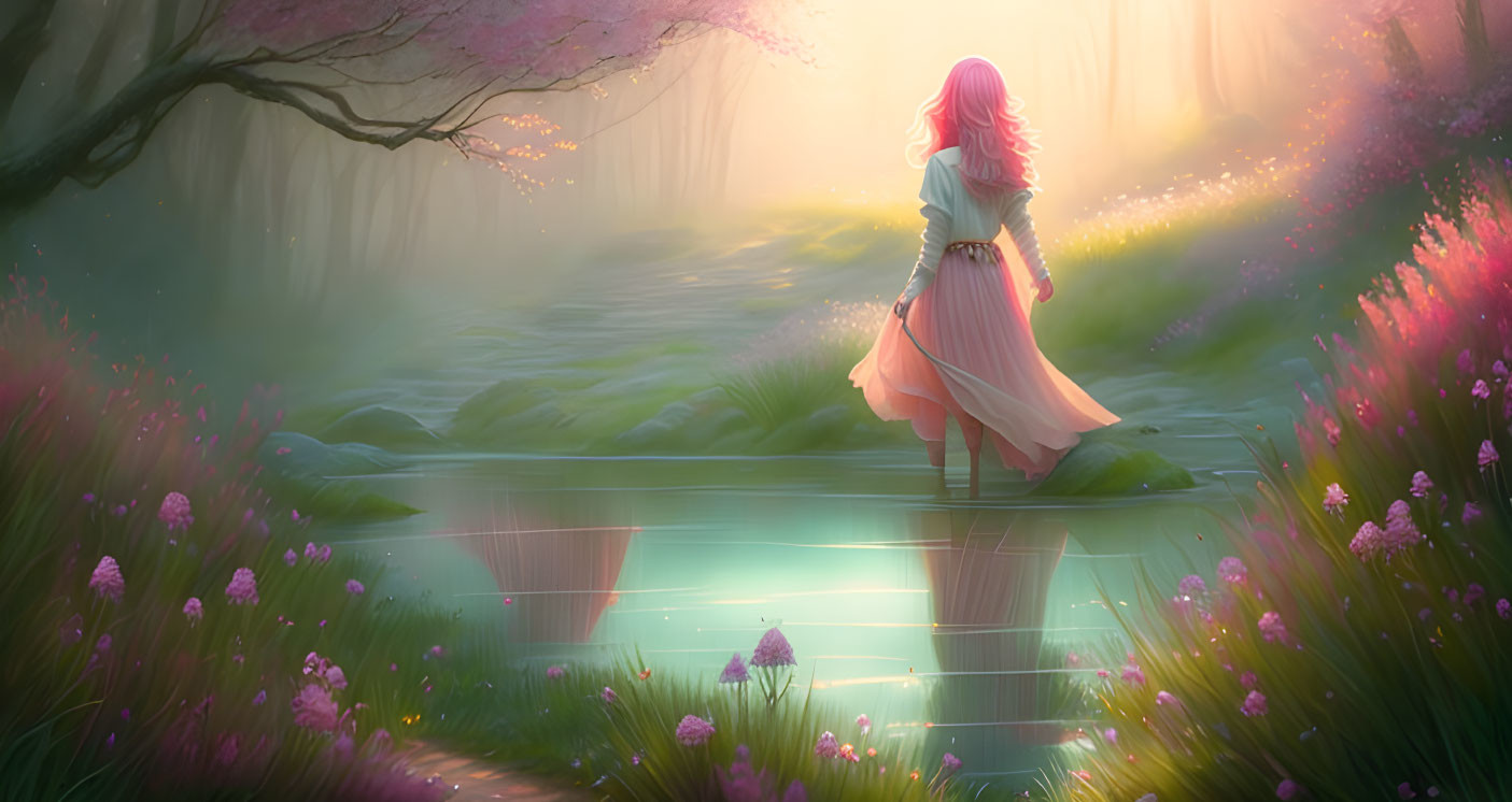 Pink-haired woman crosses river in mystical forest with blooming flowers