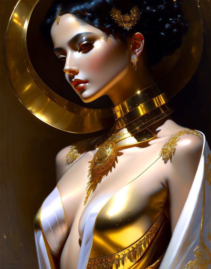 Woman with Golden Ornaments and Halo in Dramatic Lighting