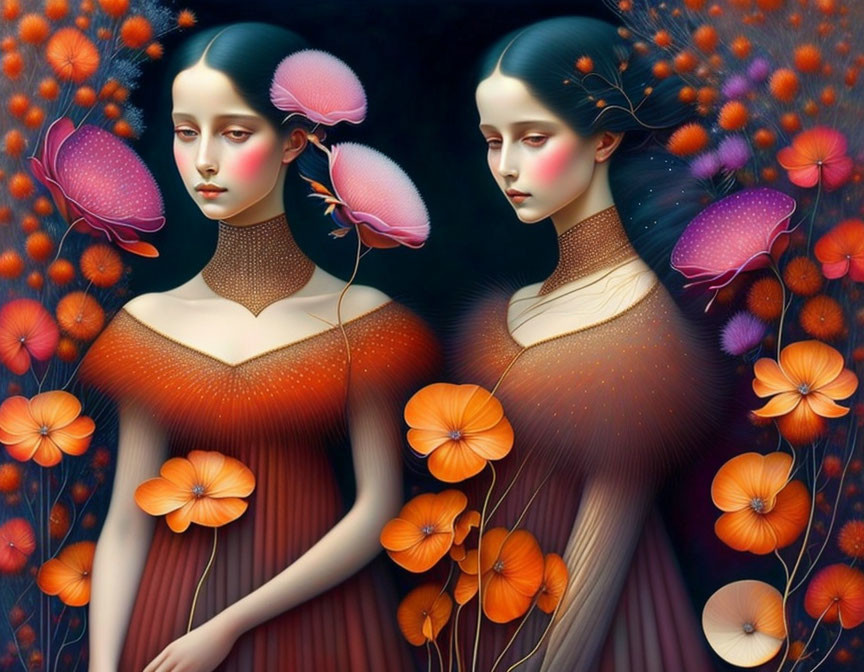 Ethereal women surrounded by flowers and jellyfish in dark setting