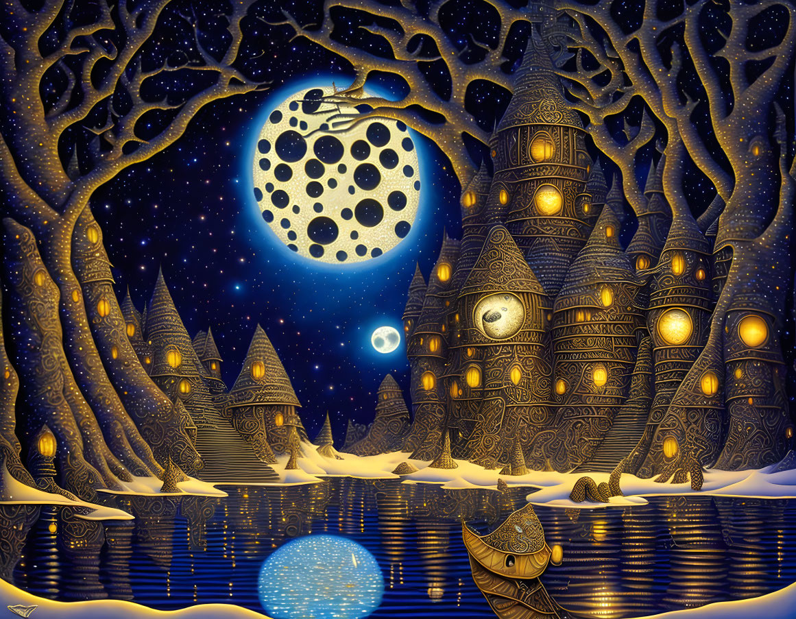 Nighttime landscape with large patterned moon, glowing orbs, intricate towers, bare trees, and serene