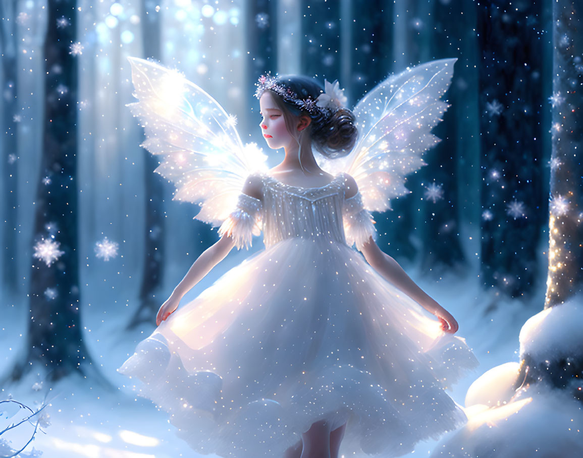 Enchanted winter forest fairy with translucent wings in snowflake-filled scene