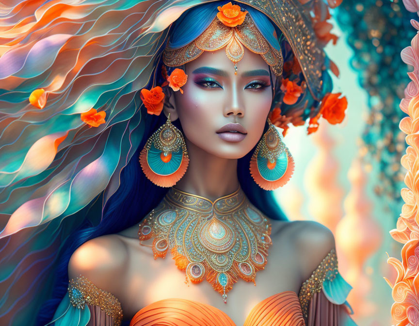 Colorful digital artwork: Woman with blue hair, orange flower adornments, gold jewelry, and matching