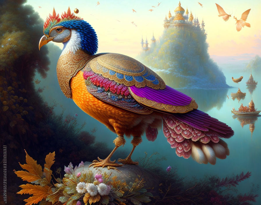 Colorful Painting of Regal Bird with Castle Background