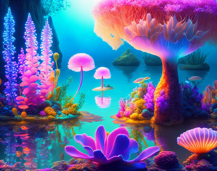 Colorful Underwater Scene with Neon Coral and Luminous Plants