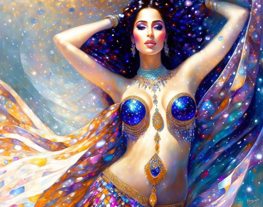 Illustrated woman in cosmic fabric with opulent jewelry and celestial background