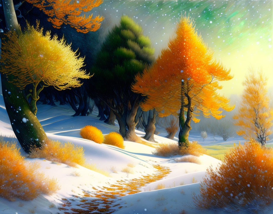 Snow-covered trees in vibrant winter landscape with falling snowflakes