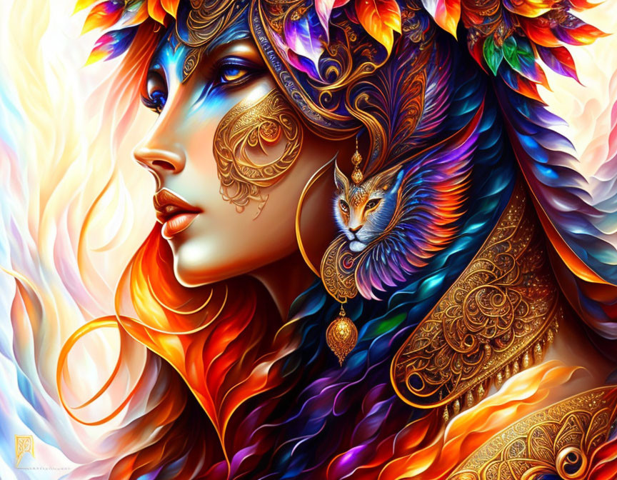 Colorful fantasy artwork: woman with feathered hair, cat detail, gold facial ornaments