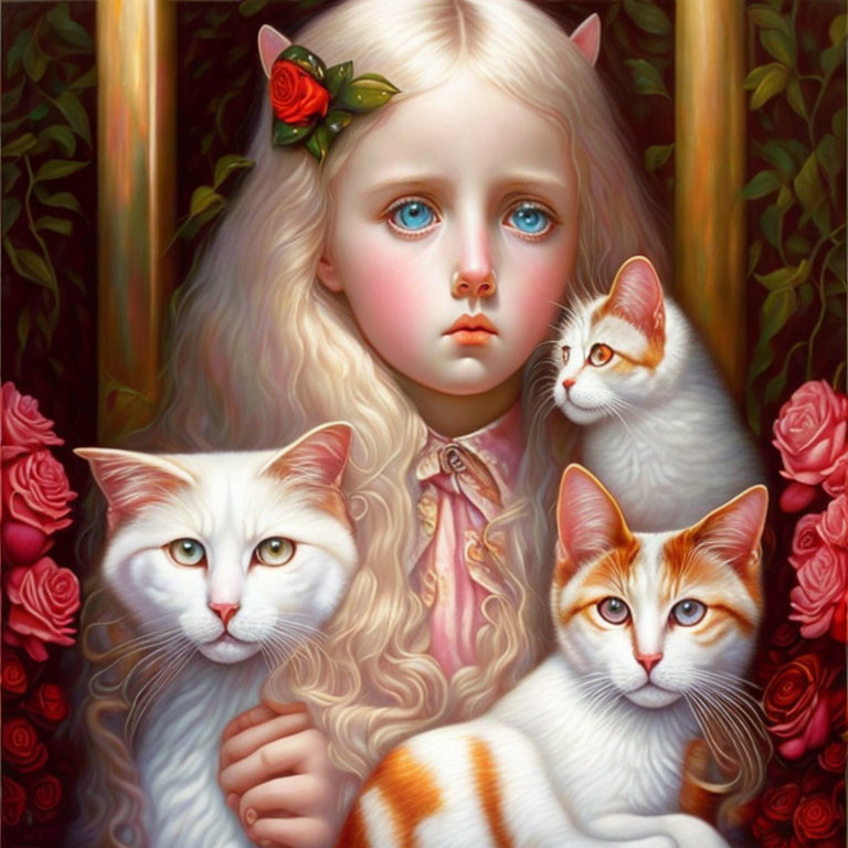 Blue-eyed girl with white hair and cats in floral setting