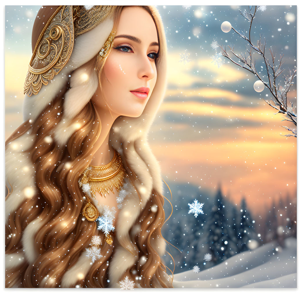 Digital illustration of woman with long wavy hair and winter hat in snowy landscape.