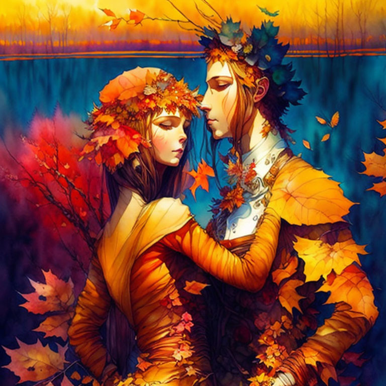 Illustrated characters embrace in autumn setting with leaf crowns