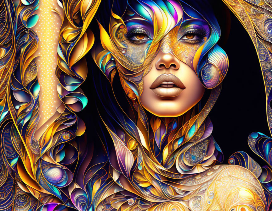 Colorful digital portrait of a woman with intricate swirling patterns blending into hair and skin