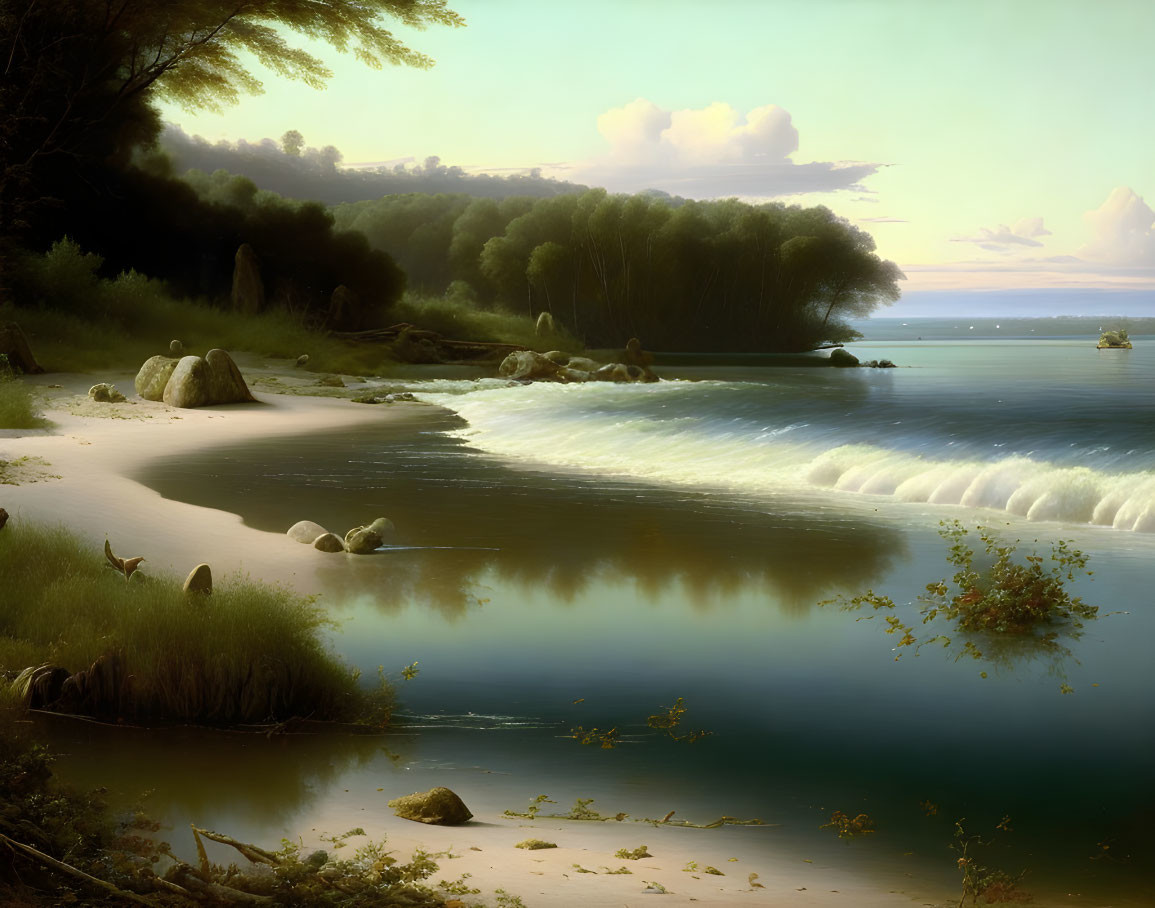 Tranquil lakeside dusk scene with sandy shore, gentle waves, rocks, dense forest, and