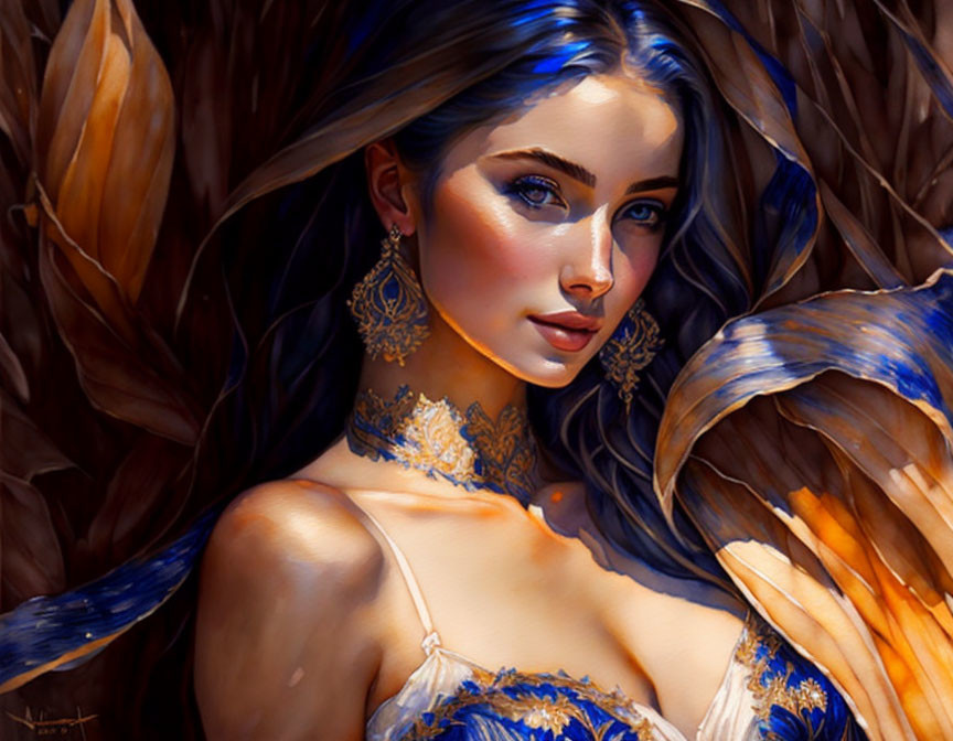 Digital illustration: Woman with piercing blue eyes, ornate gold earrings, surrounded by abstract blue and gold