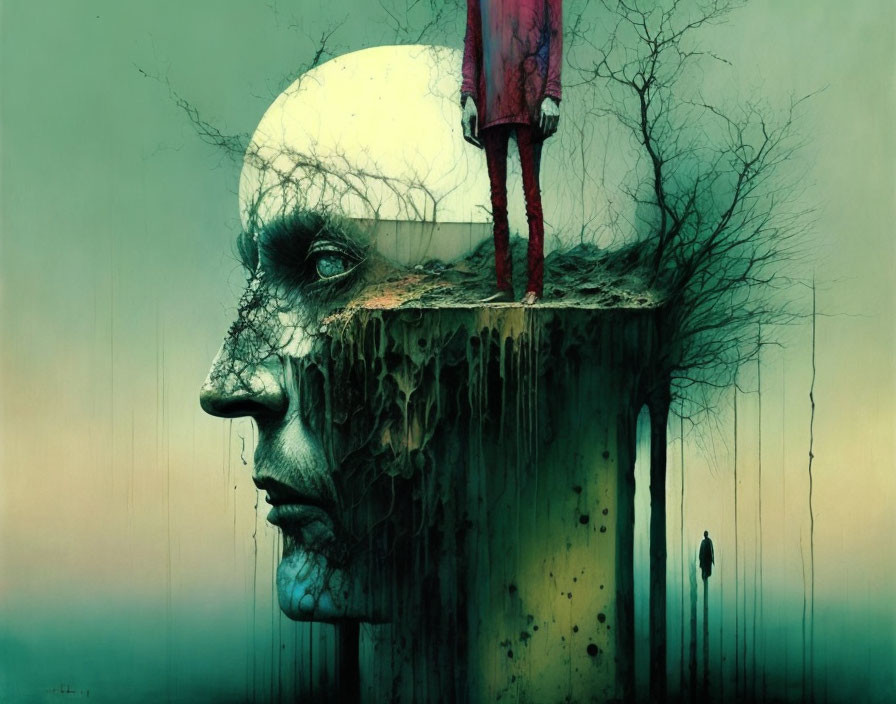 Surreal artwork: Human head merged with tree trunk, pencil inserted, solitary figure below