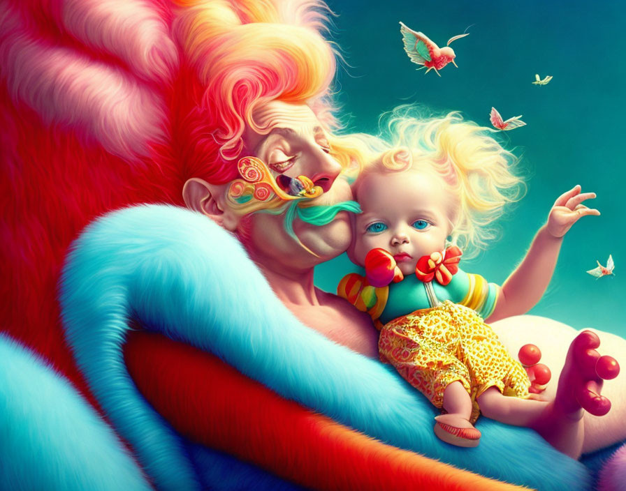 Colorful whimsical creature cuddling child with butterflies