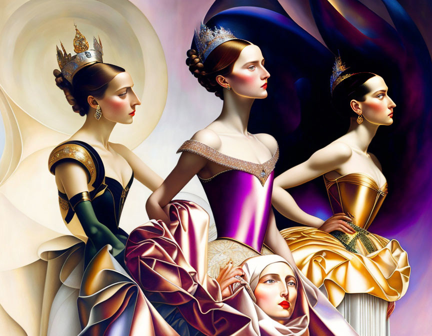 Four women in regal attire against vibrant abstract backdrop