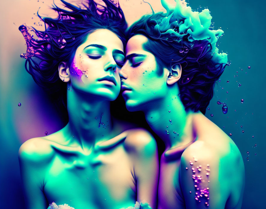 Vibrant digital artwork featuring two faces in close proximity