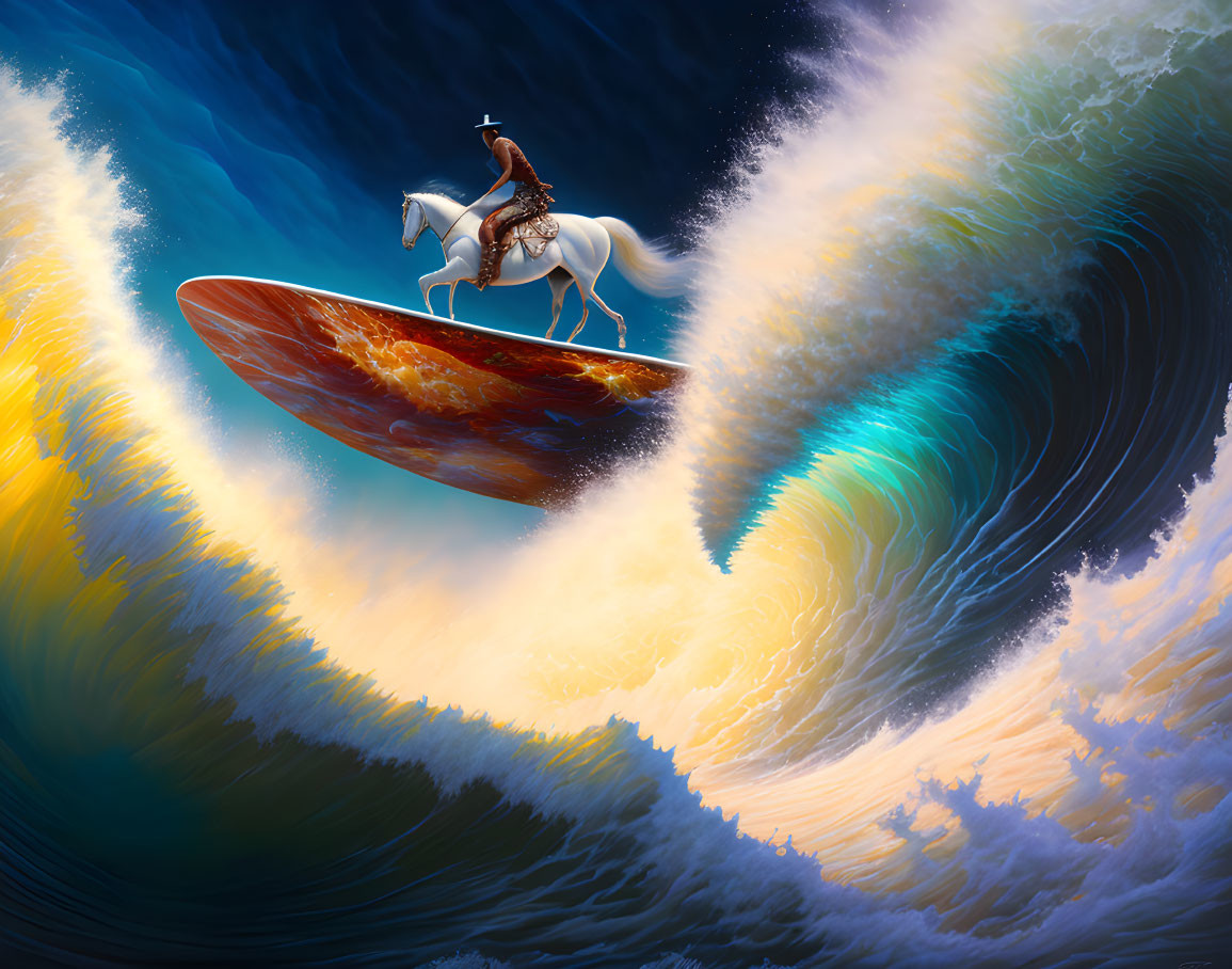 Surreal centaur on surfboard riding colossal wave with vibrant blue and yellow tones