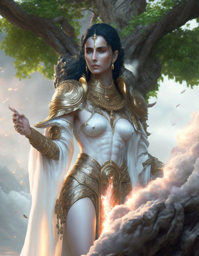 Ethereal woman in gold-and-white armor under grand tree