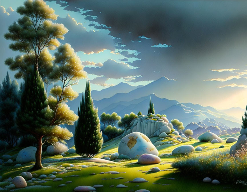 Tranquil landscape with greenery, pine trees, stones, and distant mountains at sunrise or sunset