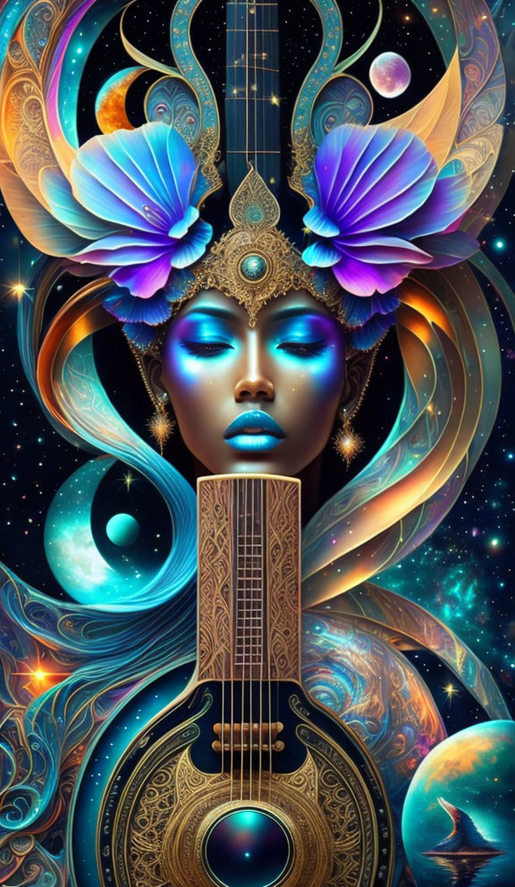Surreal blue-skinned woman with cosmic and floral elements merging with guitar in starry space.
