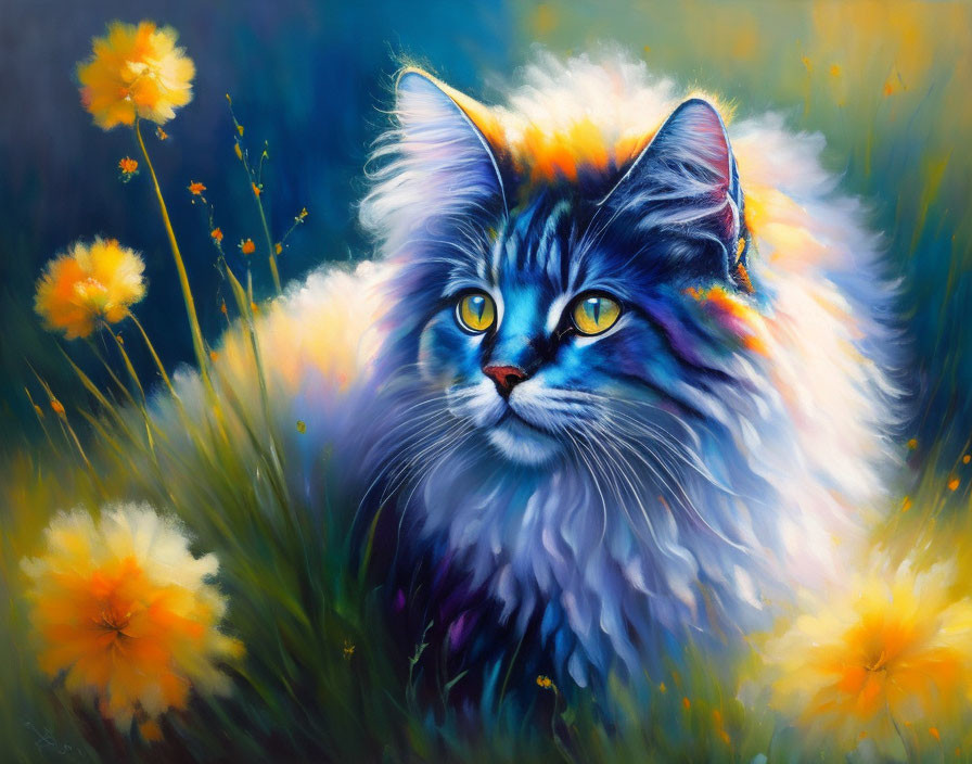 Vibrant Fluffy Cat Artwork with Yellow Eyes and Flowers