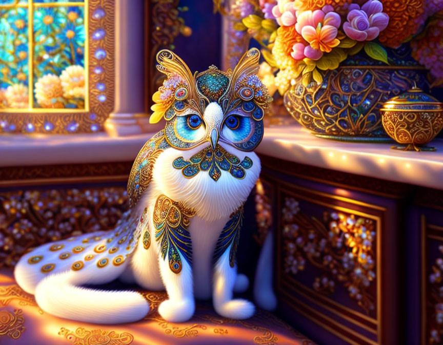 Intricate stylized cat art with jewelry-like designs on rich background