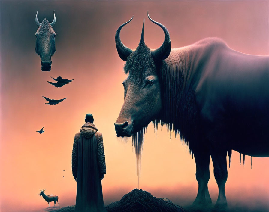 Surreal artwork featuring bull, bison head, birds, and cloaked figure