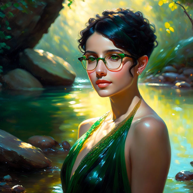 Portrait of woman with glasses and green dress in forest stream