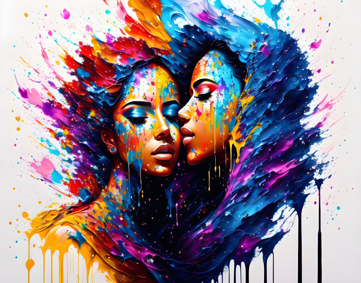Vibrant abstract painting: Two faces with colorful paint splashes for hair