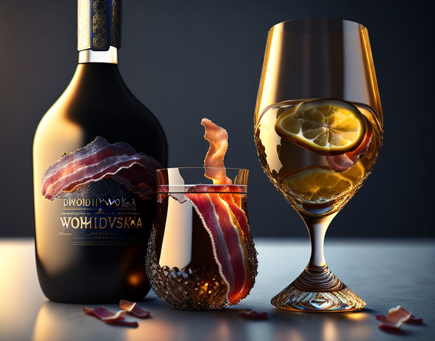 Elegant vodka bottle, glasses with bacon and lemon on moody background